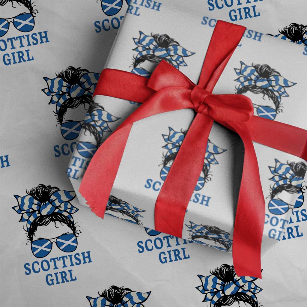 Scottish Girl Messy Bun Hair Saltire Flag Ribbon Bow Wrapping Paper Roll Scotland Pride for Girls Women