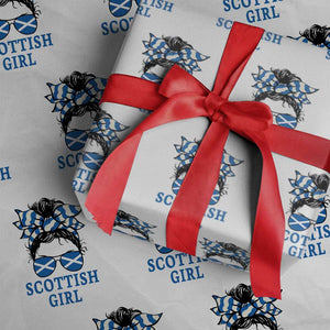 Scottish Girl Messy Bun Hair Saltire Flag Ribbon Bow Wrapping Paper Roll Scotland Pride for Girls Women