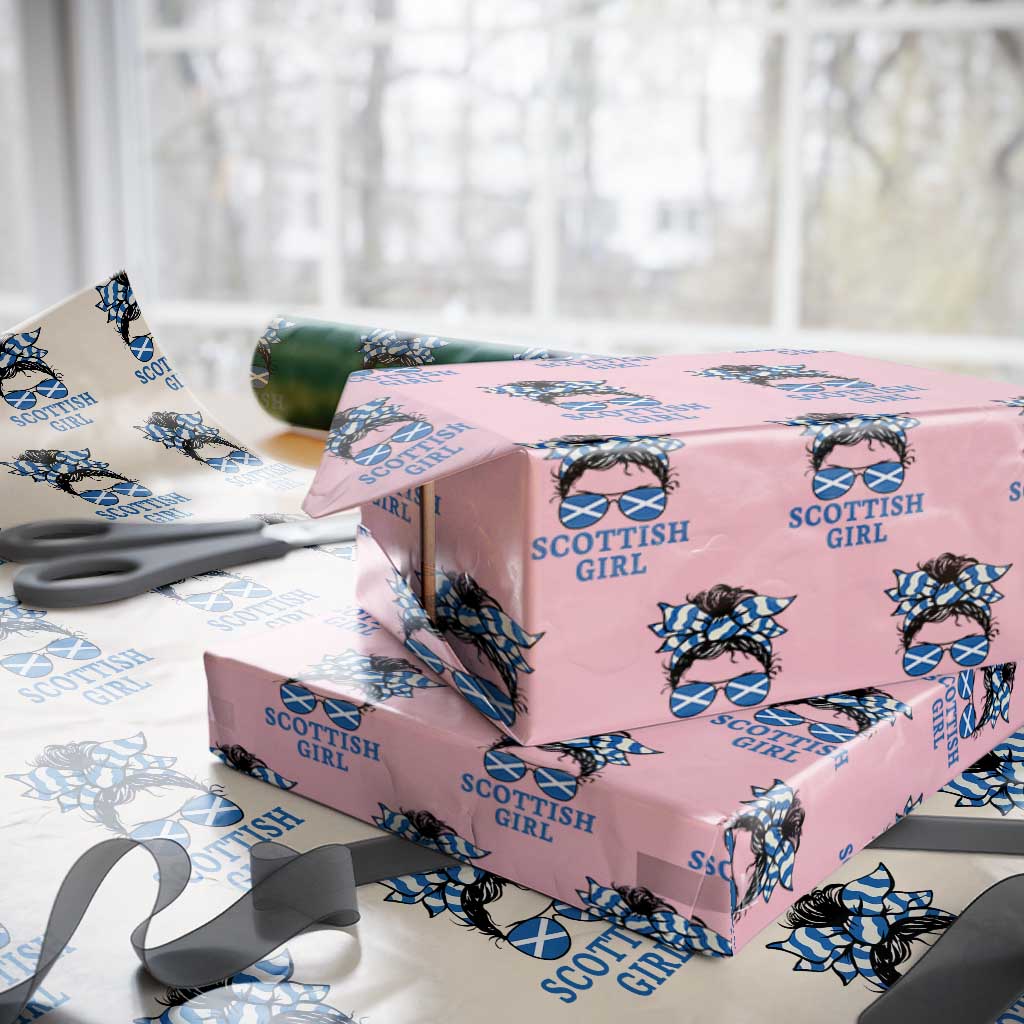 Scottish Girl Messy Bun Hair Saltire Flag Ribbon Bow Wrapping Paper Roll Scotland Pride for Girls Women