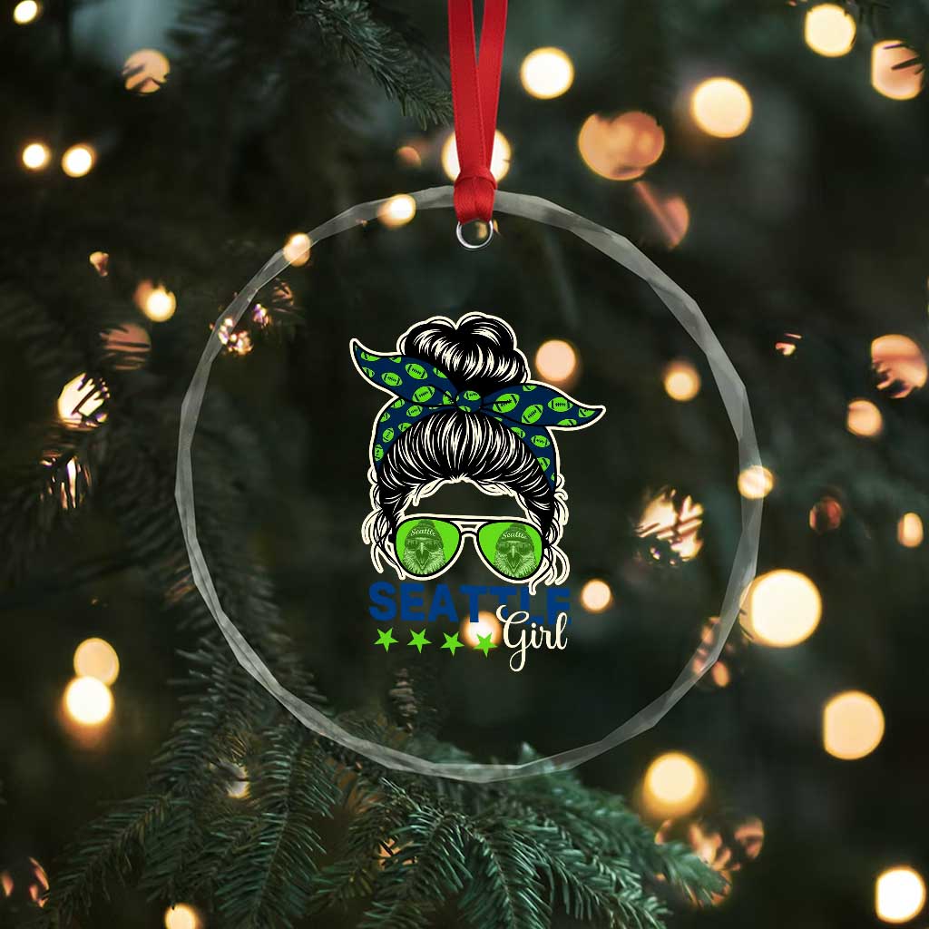 Seattle Girl Football Crystal Glass Ornament Messy Bun Game Day Sports Fan