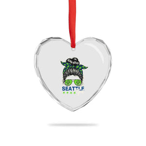 Seattle Girl Football Heart Crystal Glass Ornament Messy Bun Game Day Sports Fan