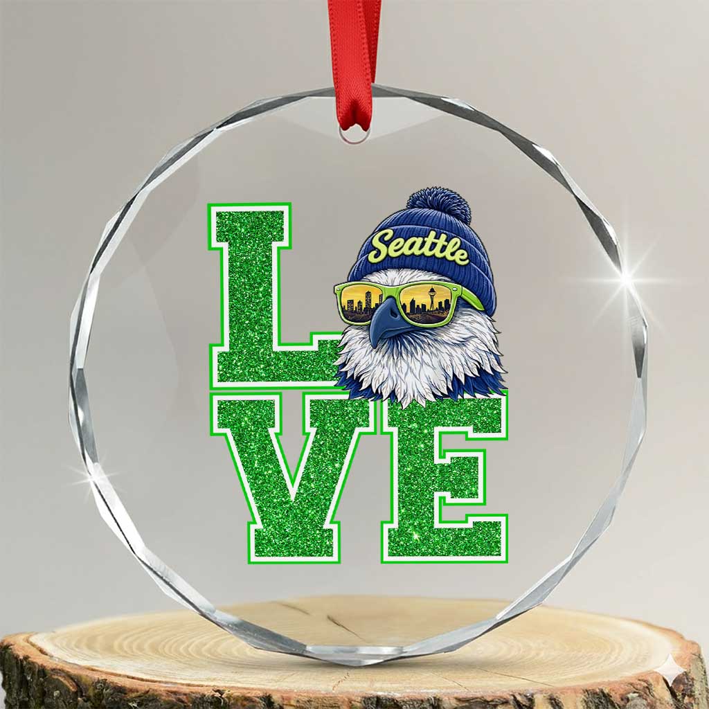 Seattle LOVE Hawk Graphic Crystal Glass Ornament Blue and Green Game Day Sports Fan TS02 Transparent Glass 3'' Circle Print Your Wear