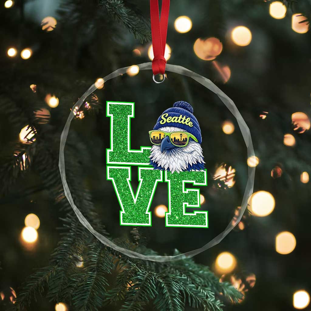 Seattle LOVE Hawk Graphic Crystal Glass Ornament Blue and Green Game Day Sports Fan TS02 Print Your Wear
