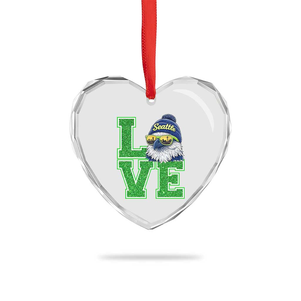 Seattle LOVE Hawk Graphic Heart Crystal Glass Ornament Blue and Green Game Day Sports Fan TS02 Print Your Wear