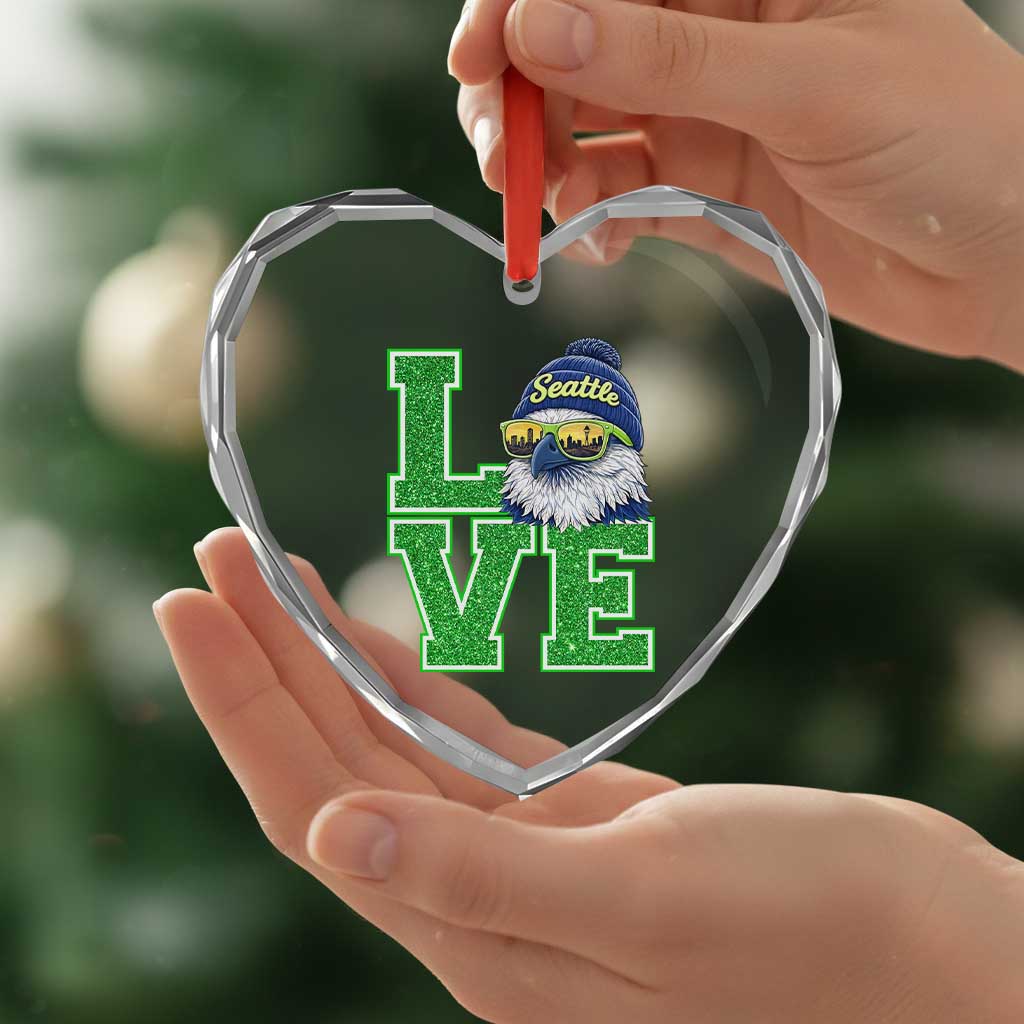 Seattle LOVE Hawk Graphic Heart Crystal Glass Ornament Blue and Green Game Day Sports Fan TS02 Print Your Wear