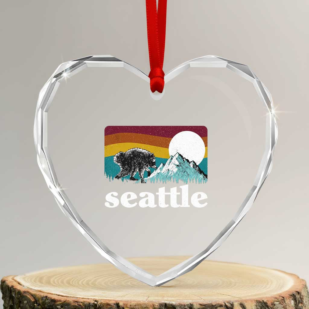 Seattle WA Mountains Jimothy the Raccoon Graphic Heart Crystal Glass Ornament Retro Vintage Sunset Viral Trash Panda Feral Legend TS02 Transparent Glass 3'' Heart Print Your Wear