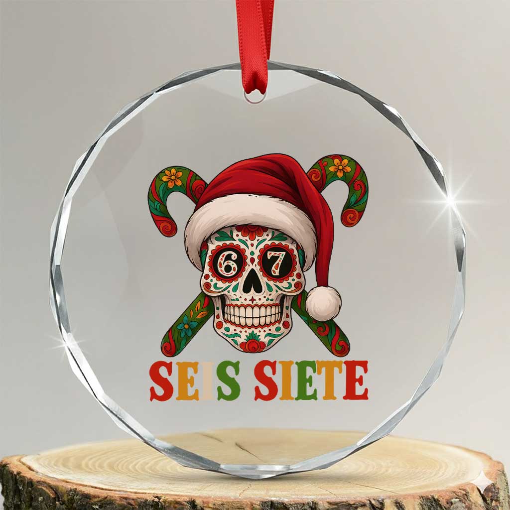 Seis Siete Christmas Meme Crystal Glass Ornament Sugar Skull 67 Santa Hat Candy Canes TS02 Transparent Glass 3'' Circle Print Your Wear