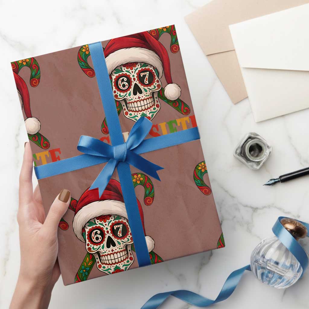 Seis Siete Christmas Meme Wrapping Paper Roll Sugar Skull 67 Santa Hat Candy Canes TS02 Mocha Print Your Wear