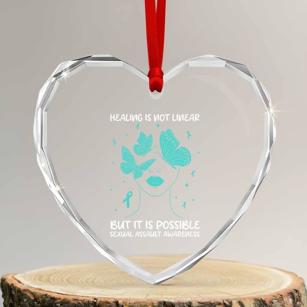 Sexual Assault Awareness Heart Crystal Glass Ornament Healing Is Not Linear But It Is Possible TS14 Transparent Glass 3'' Heart Print Your Wear