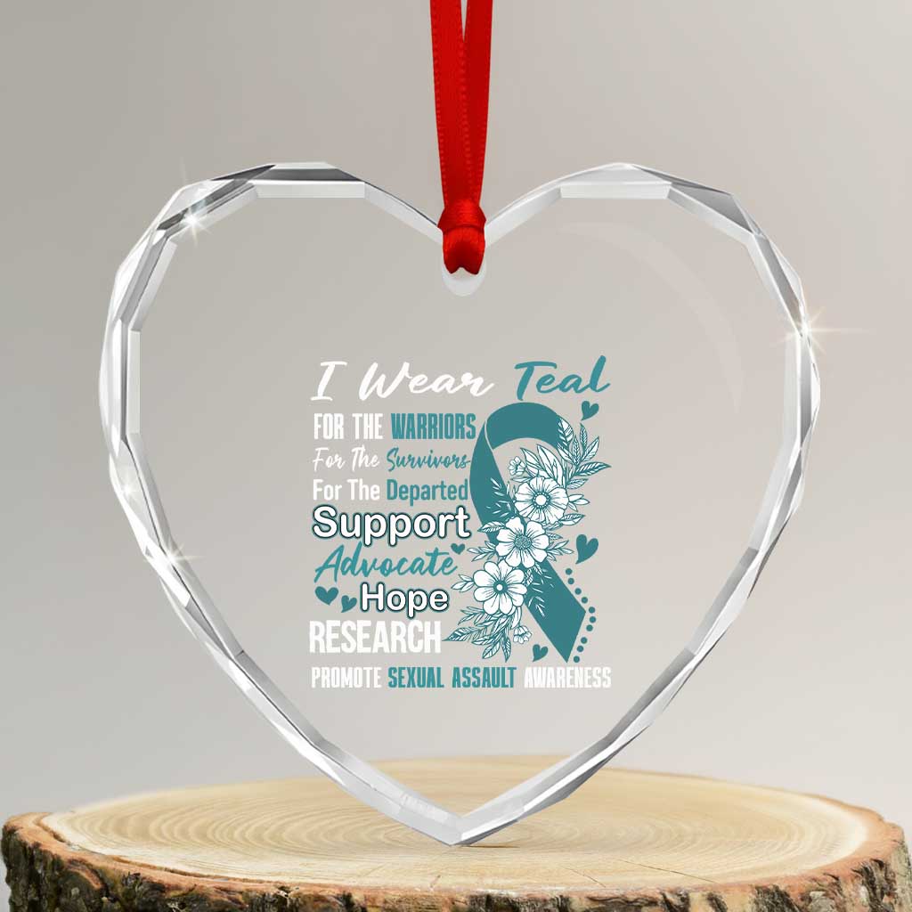 Sexual Assault Awareness Heart Crystal Glass Ornament Teal Ribbon Flower TS14 Transparent Glass 3'' Heart Print Your Wear
