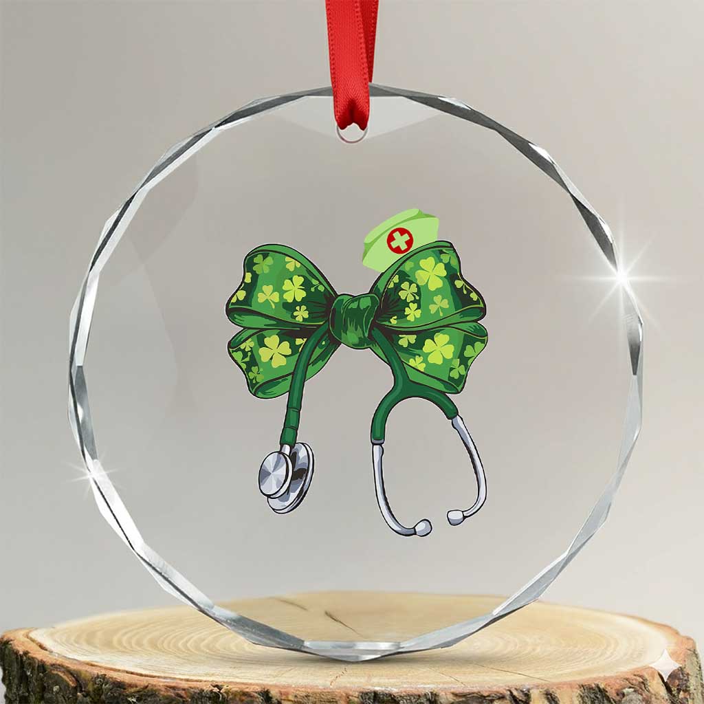 Shamrock Coquette Bow Stethoscope Crystal Glass Ornament Registered Nurse Nursing St Patricks Day TS02 Transparent Glass 3'' Circle Print Your Wear