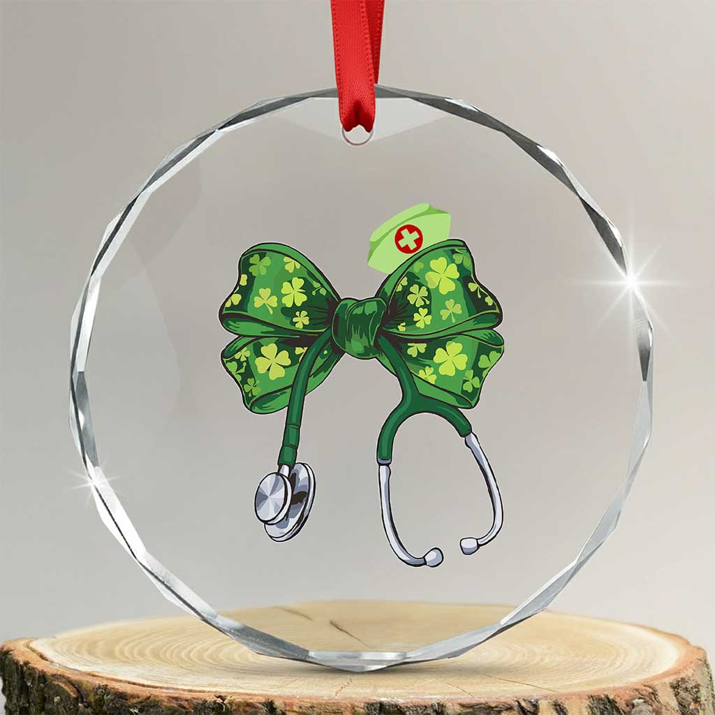 Shamrock Coquette Bow Stethoscope Crystal Glass Ornament Registered Nurse Nursing St Patricks Day TS02 Transparent Glass 3'' Circle Print Your Wear
