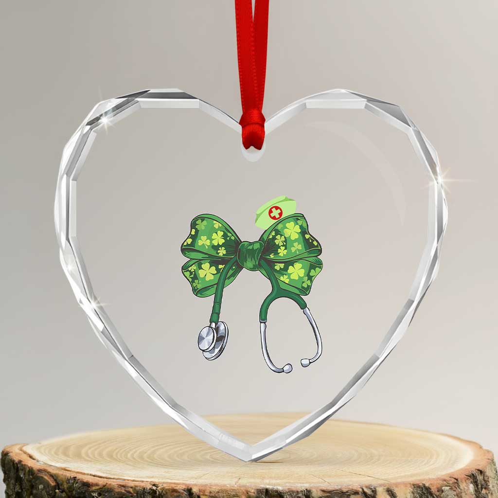 Shamrock Coquette Bow Stethoscope Heart Crystal Glass Ornament Registered Nurse Nursing St Patricks Day TS02 Transparent Glass 3'' Heart Print Your Wear
