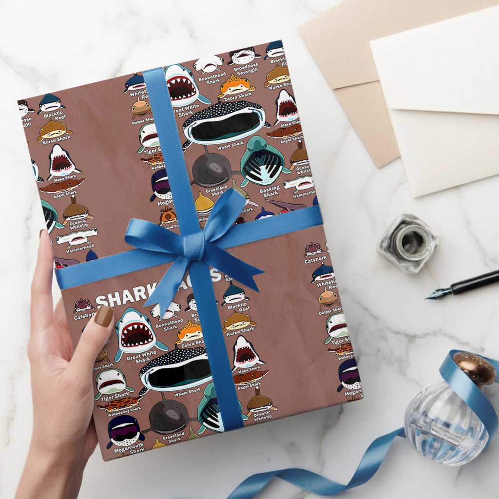 Shark Faces Wrapping Paper Roll Type Of Sharks Identification Marine Biology TS02 Mocha Print Your Wear