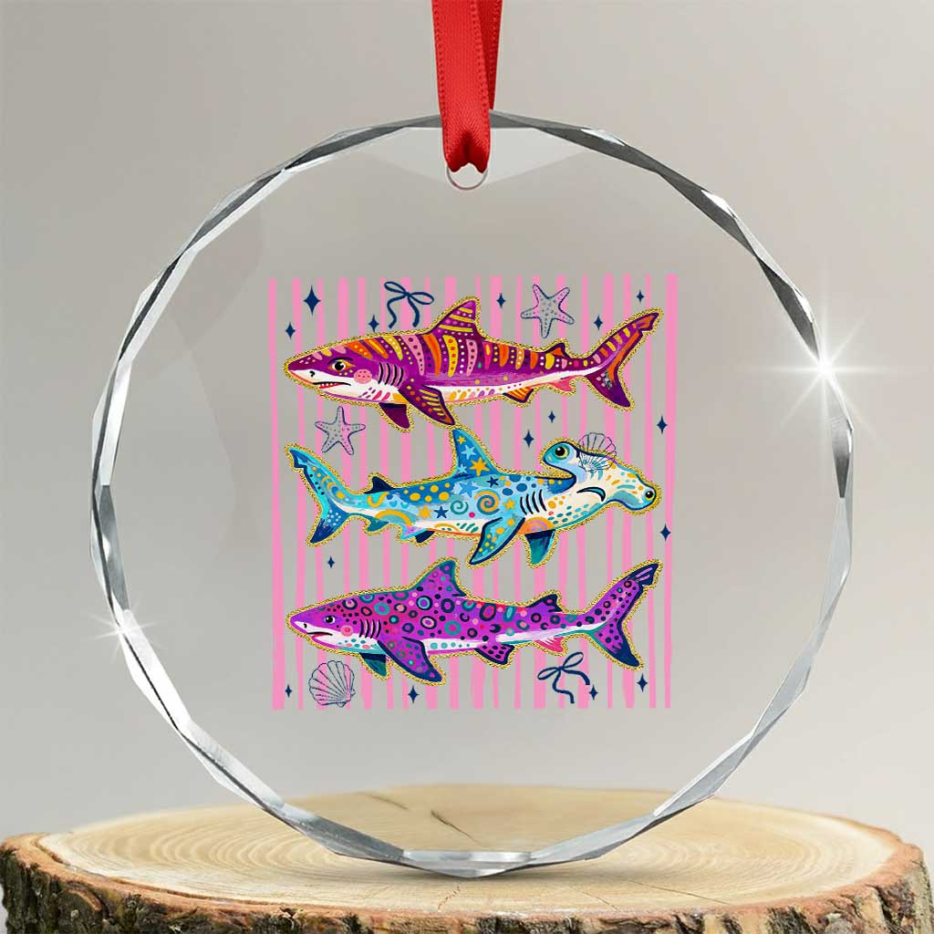 Shark Summer Striped Coastal Ocean Life Glitter Print Crystal Glass Ornament TS11 Transparent Glass 3'' Circle Print Your Wear