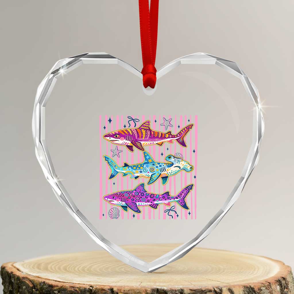 Shark Summer Striped Coastal Ocean Life Glitter Print Heart Crystal Glass Ornament