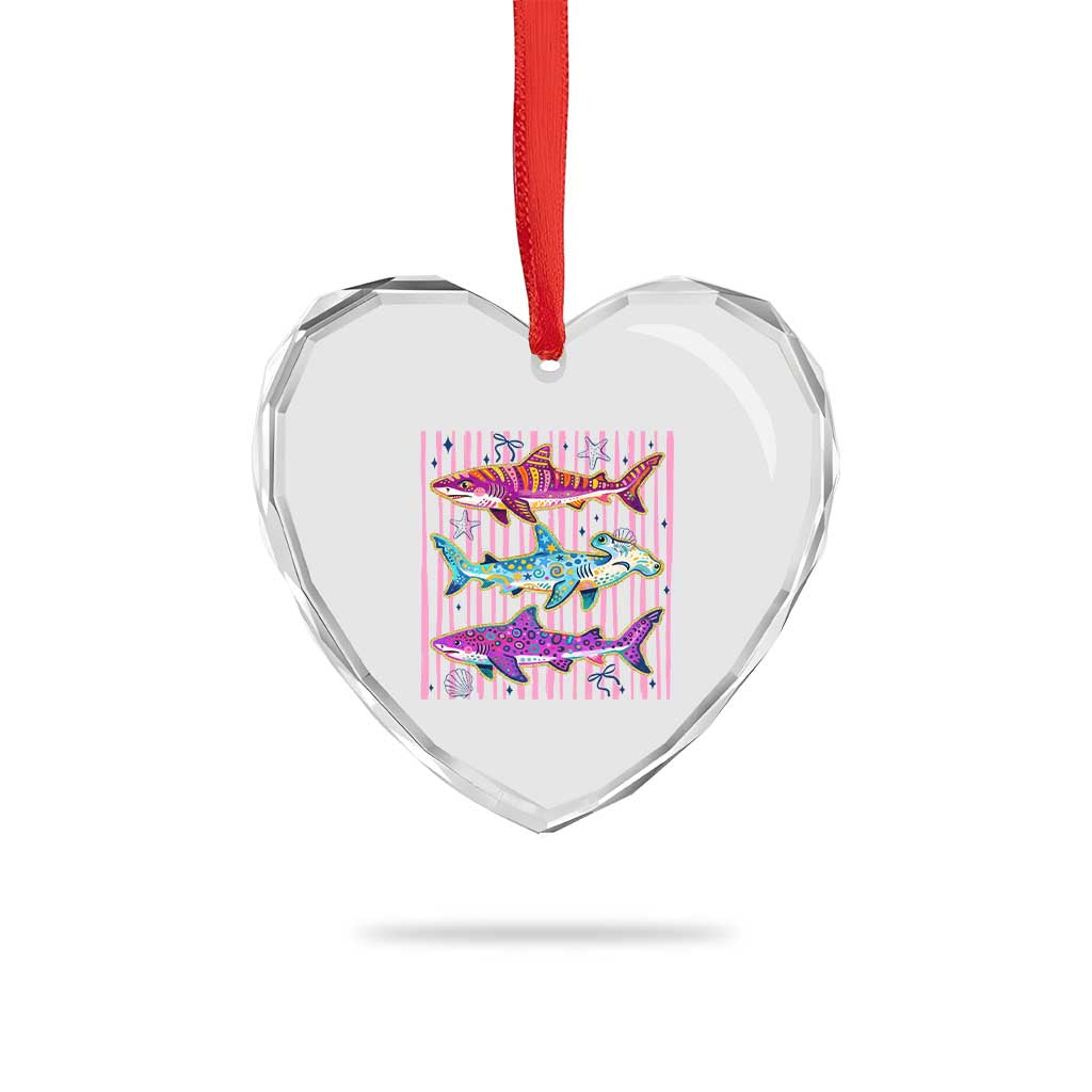 Shark Summer Striped Coastal Ocean Life Glitter Print Heart Crystal Glass Ornament