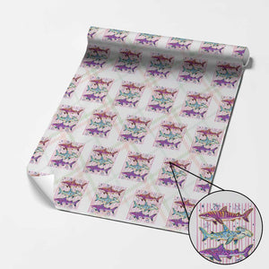 Shark Summer Striped Coastal Ocean Life Glitter Print Wrapping Paper Roll