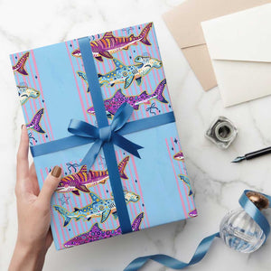 Shark Summer Striped Coastal Ocean Life Glitter Print Wrapping Paper Roll