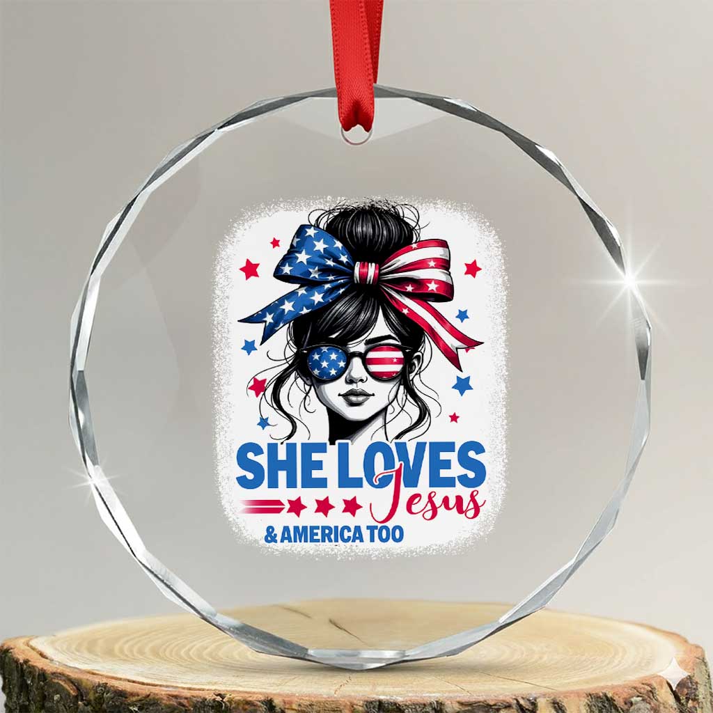 She Loves Jesus And America Too Crystal Glass Ornament Christian 4th of July Messy Bun Flag TS10 Transparent Glass 3'' Circle Print Your Wear