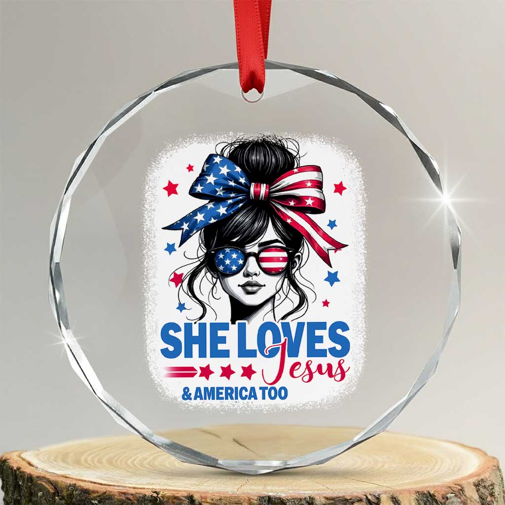 She Loves Jesus And America Too Crystal Glass Ornament Christian 4th of July Messy Bun Flag TS10 Transparent Glass 3'' Circle Print Your Wear
