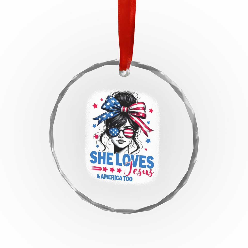 She Loves Jesus And America Too Crystal Glass Ornament Christian 4th of July Messy Bun Flag TS10 Print Your Wear