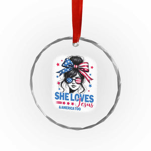 She Loves Jesus And America Too Crystal Glass Ornament Christian 4th of July Messy Bun Flag TS10 Print Your Wear