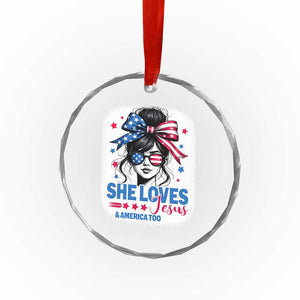 She Loves Jesus And America Too Crystal Glass Ornament Christian 4th of July Messy Bun Flag TS10 Print Your Wear