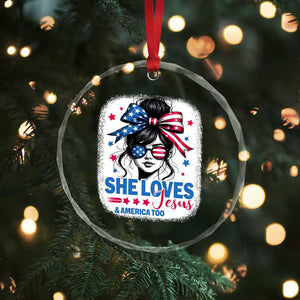 She Loves Jesus And America Too Crystal Glass Ornament Christian 4th of July Messy Bun Flag TS10 Print Your Wear