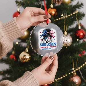 She Loves Jesus And America Too Crystal Glass Ornament Christian 4th of July Messy Bun Flag TS10 Print Your Wear
