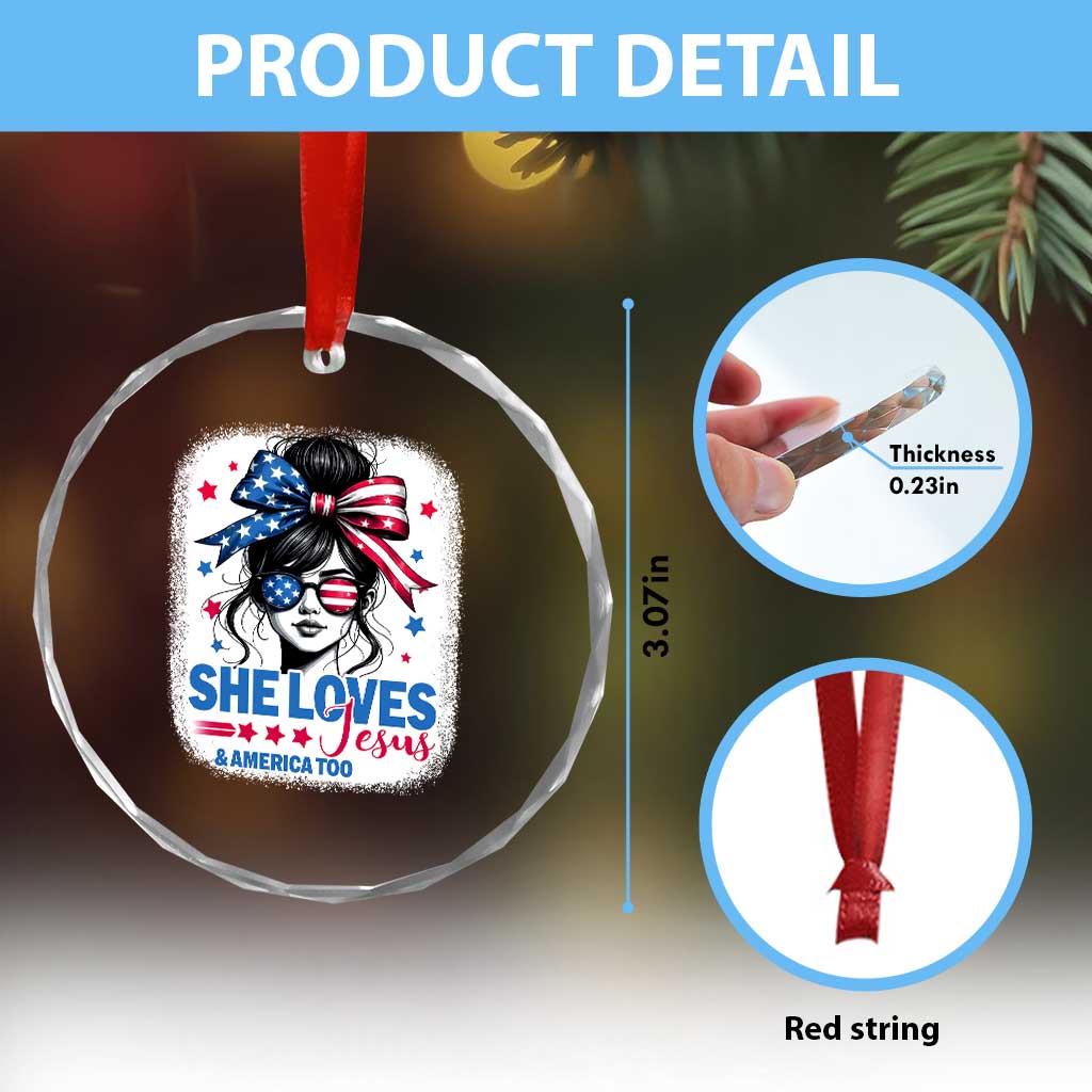 She Loves Jesus And America Too Crystal Glass Ornament Christian 4th of July Messy Bun Flag TS10 Print Your Wear