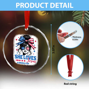 She Loves Jesus And America Too Crystal Glass Ornament Christian 4th of July Messy Bun Flag TS10 Print Your Wear