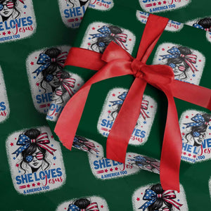 She Loves Jesus And America Too Wrapping Paper Roll Christian 4th of July Messy Bun Flag TS10 Green Print Your Wear