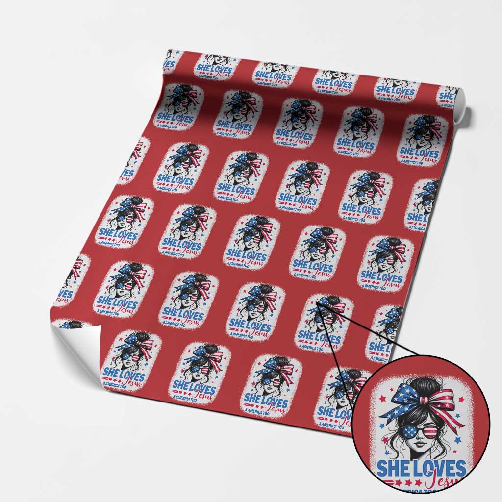 She Loves Jesus And America Too Wrapping Paper Roll Christian 4th of July Messy Bun Flag TS10 Red Print Your Wear