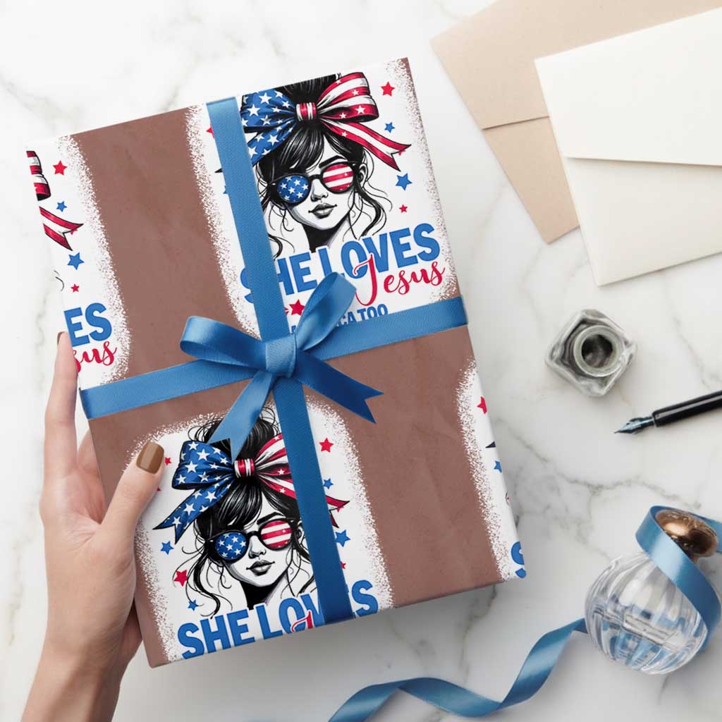 She Loves Jesus And America Too Wrapping Paper Roll Christian 4th of July Messy Bun Flag TS10 Mocha Print Your Wear