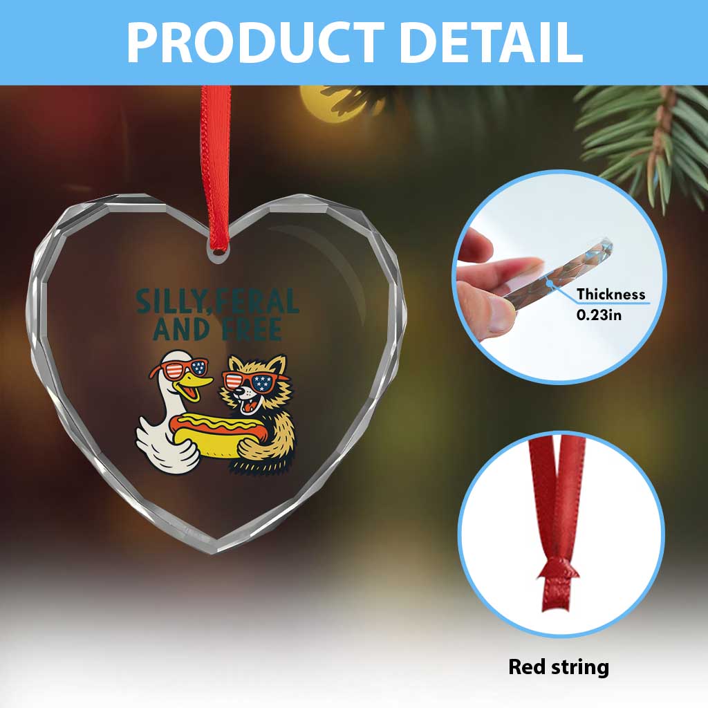 Silly Feral and Free Heart Crystal Glass Ornament Funny Goose and Raccoon 4th of July Patriotic TS02 Print Your Wear