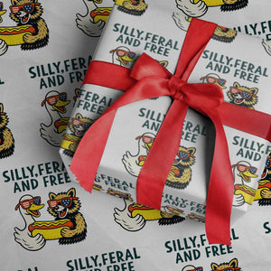 Silly Feral and Free Wrapping Paper Roll Funny Goose and Raccoon 4th of July Patriotic TS02 White Print Your Wear