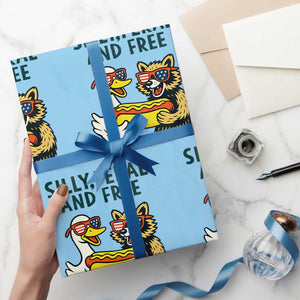 Silly Feral and Free Wrapping Paper Roll Funny Goose and Raccoon 4th of July Patriotic TS02 Light Blue Print Your Wear