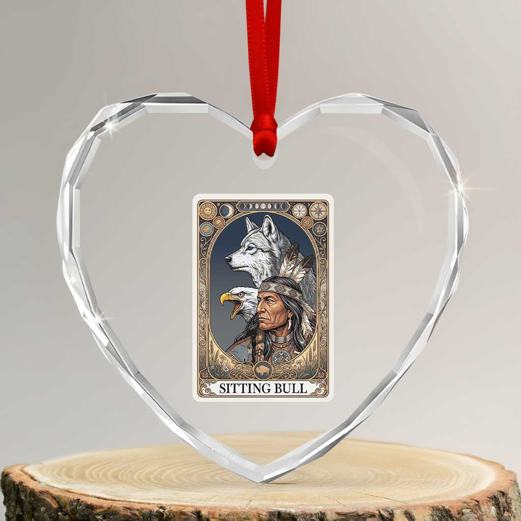 Sitting Bull Native American Chief Heart Crystal Glass Ornament Vintage Tarot Card Illustration