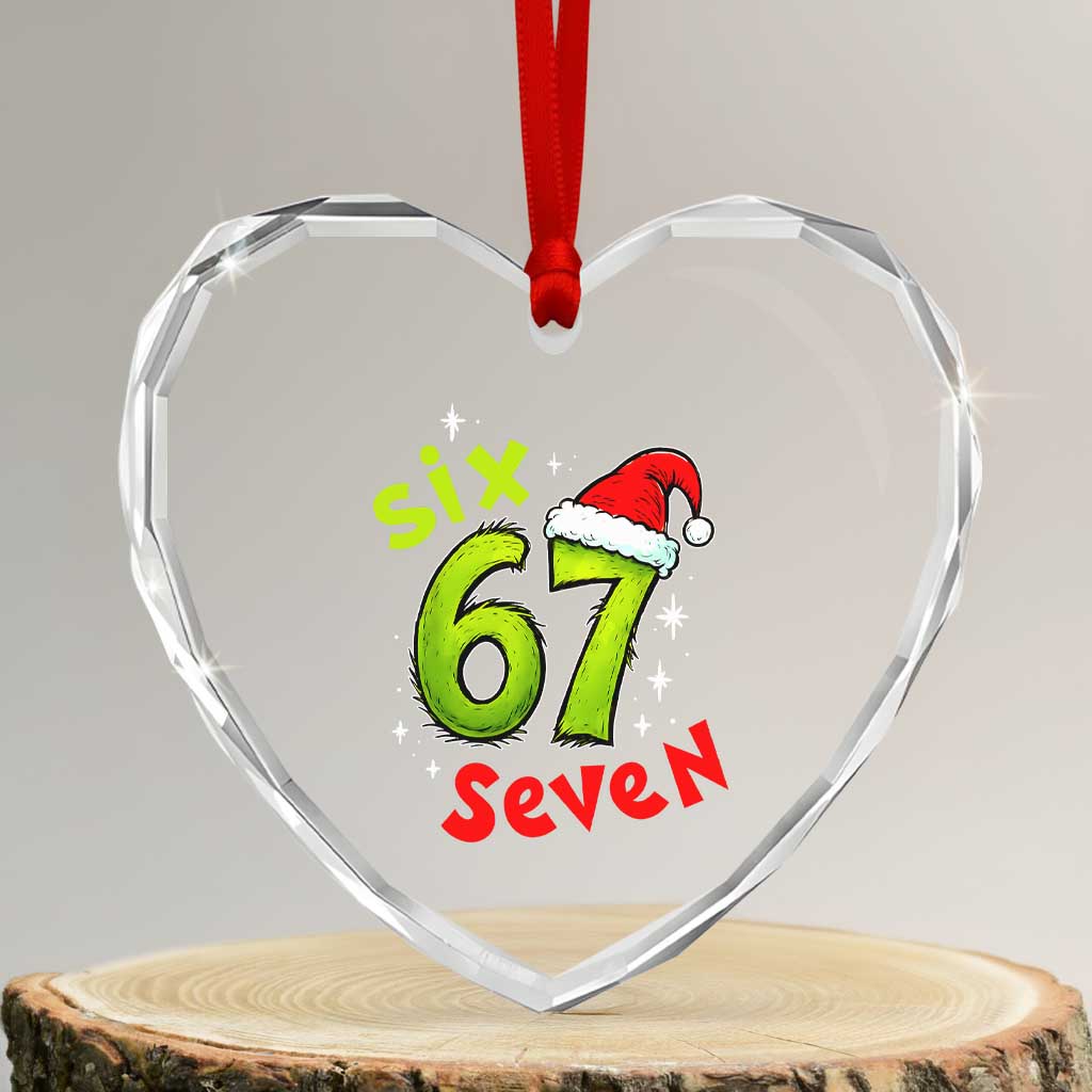 Six Seven Christmas Meme Heart Crystal Glass Ornament Funny Green Grinchy 6 7 with Santa Hat TS02 Transparent Glass 3'' Heart Print Your Wear