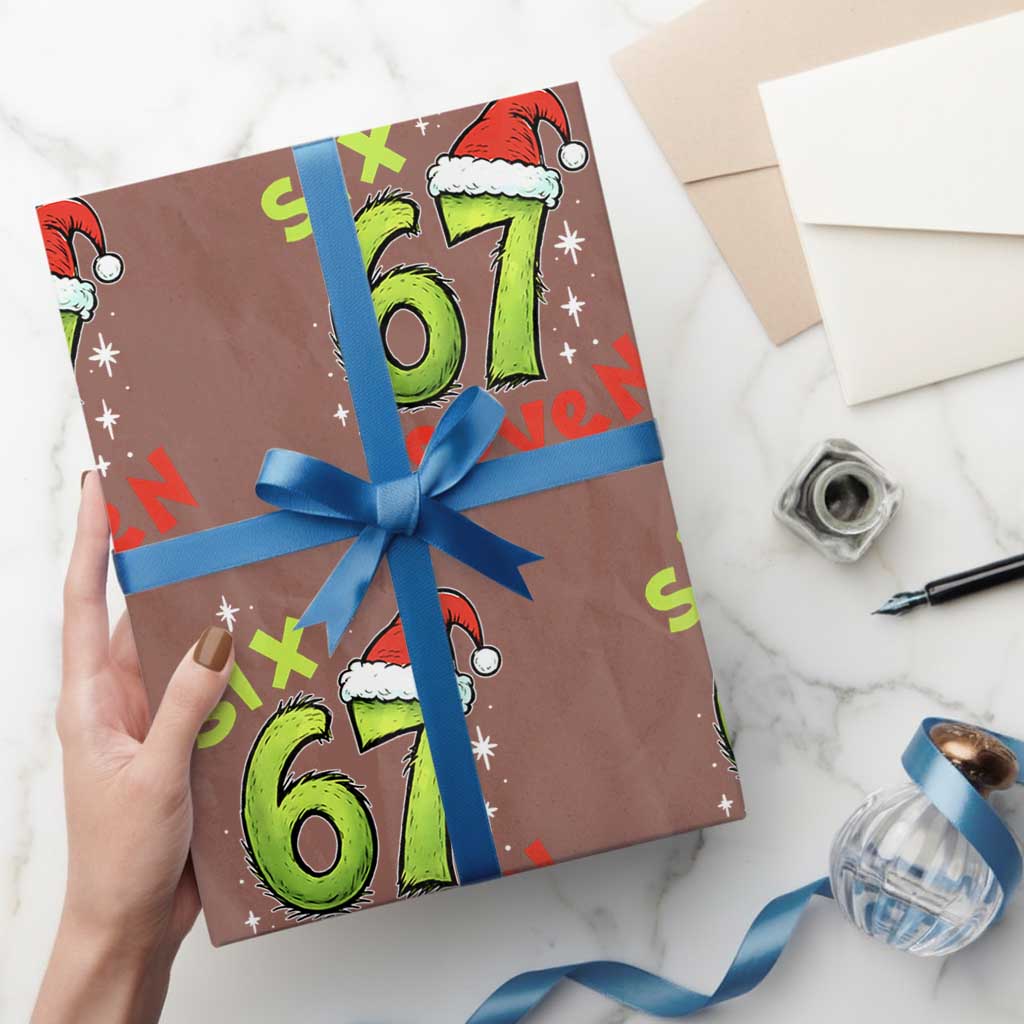 Six Seven Christmas Meme Wrapping Paper Roll Funny Green Grinchy 6 7 with Santa Hat TS02 Mocha Print Your Wear