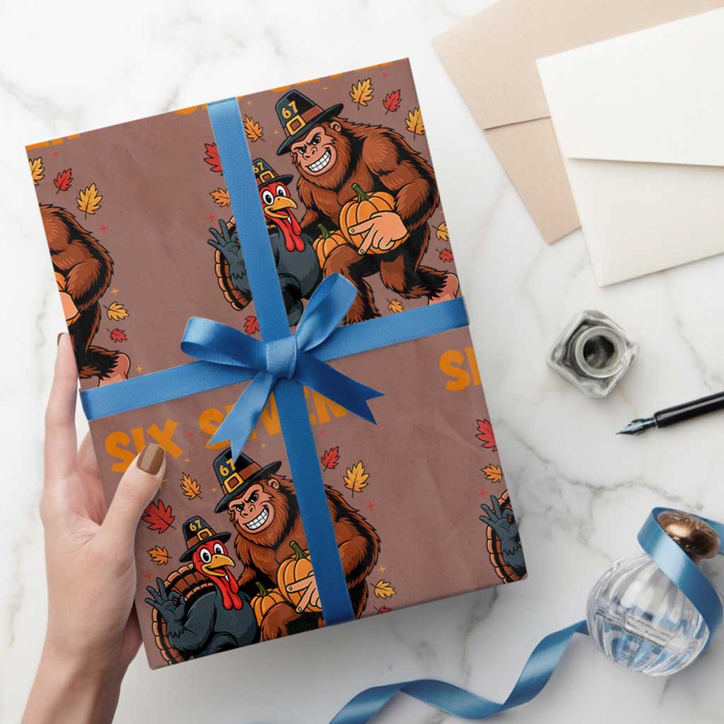 Six Seven Meme Bigfoot And Turkey Wrapping Paper Roll Funny Thanksgiving Gift TS12 Mocha Print Your Wear