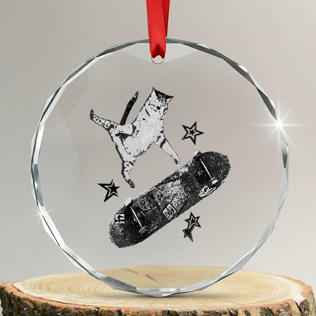 Skateboard Cat Y2K Crystal Glass Ornament Rockstar Gf Aesthetic Cat Retro Grunge Skater TS10 Transparent Glass 3'' Circle Print Your Wear