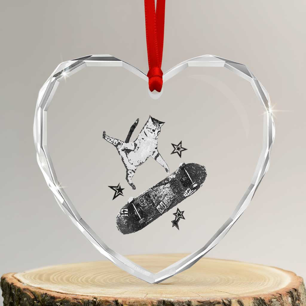Skateboard Cat Y2K Heart Crystal Glass Ornament Rockstar Gf Aesthetic Cat Retro Grunge Skater TS10 Transparent Glass 3'' Heart Print Your Wear