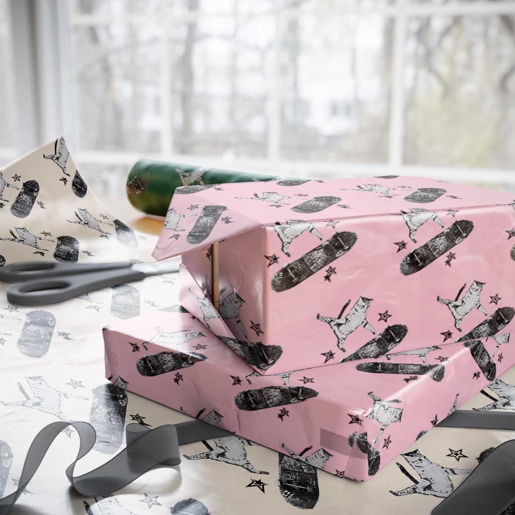 Skateboard Cat Y2K Wrapping Paper Roll Rockstar Gf Aesthetic Cat Retro Grunge Skater TS10 Light Pink Print Your Wear