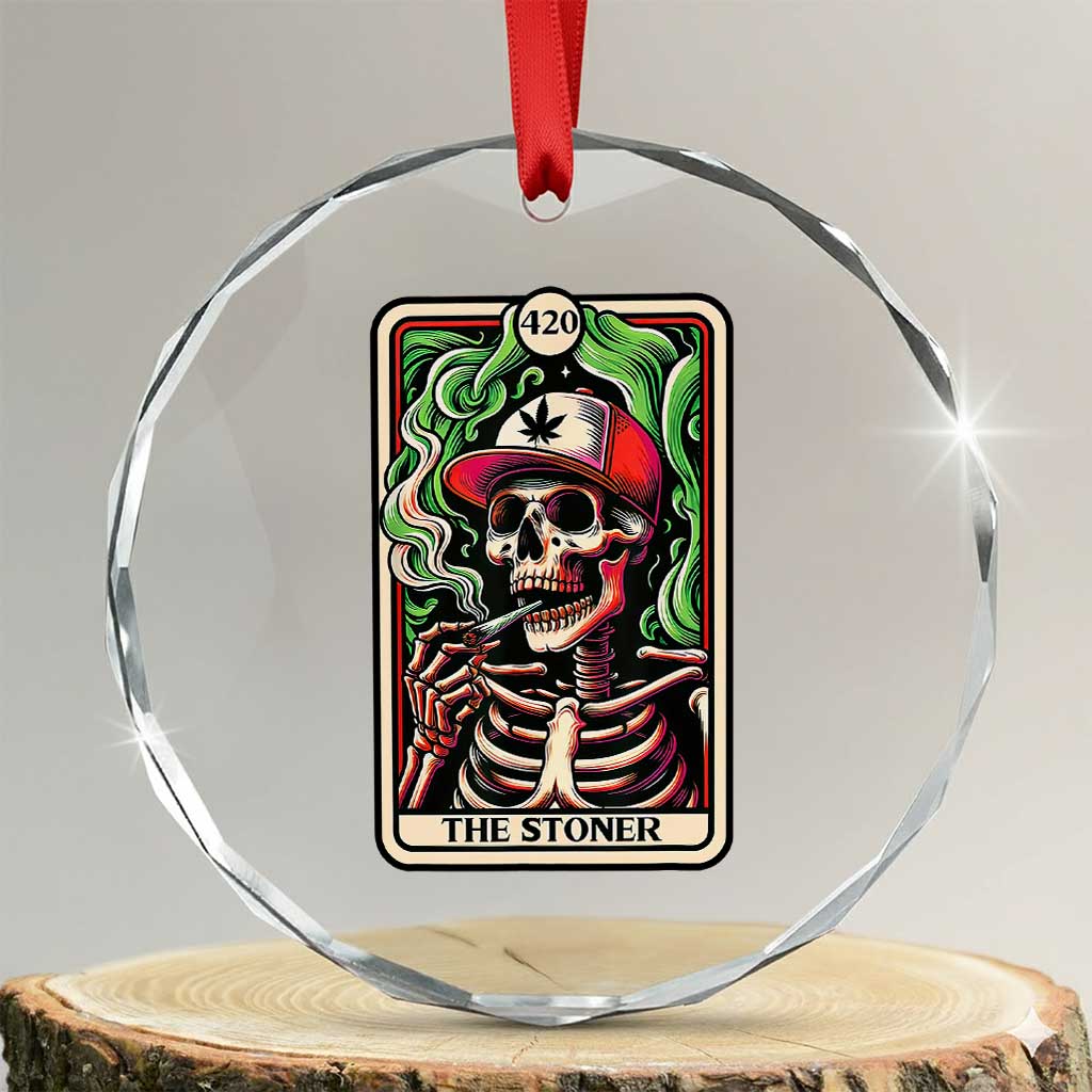 Skeleton 420 The Stoner Crystal Glass Ornament Retro Tarot Card Weed Lover Cannabis Trippy Vibes TS02 Transparent Glass 3'' Circle Print Your Wear