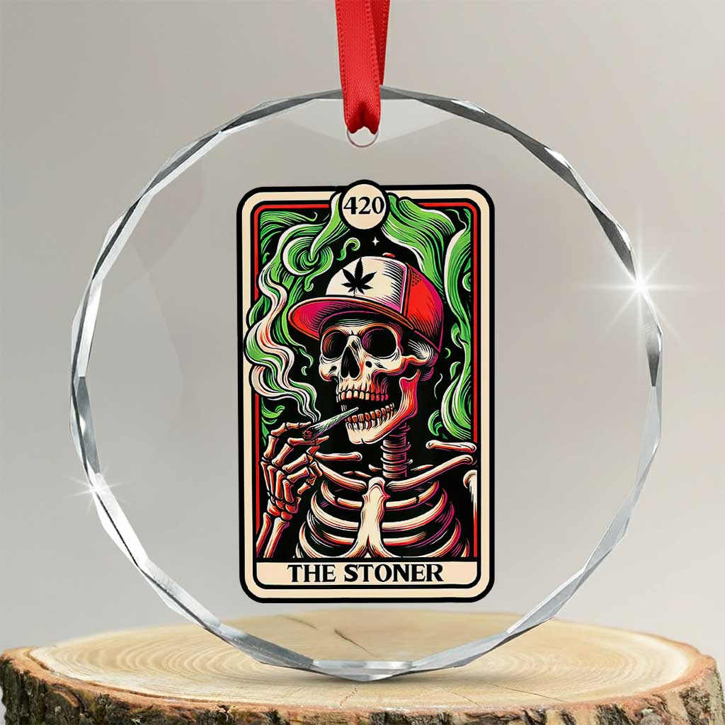 Skeleton 420 The Stoner Crystal Glass Ornament Retro Tarot Card Weed Lover Cannabis Trippy Vibes TS02 Transparent Glass 3'' Circle Print Your Wear