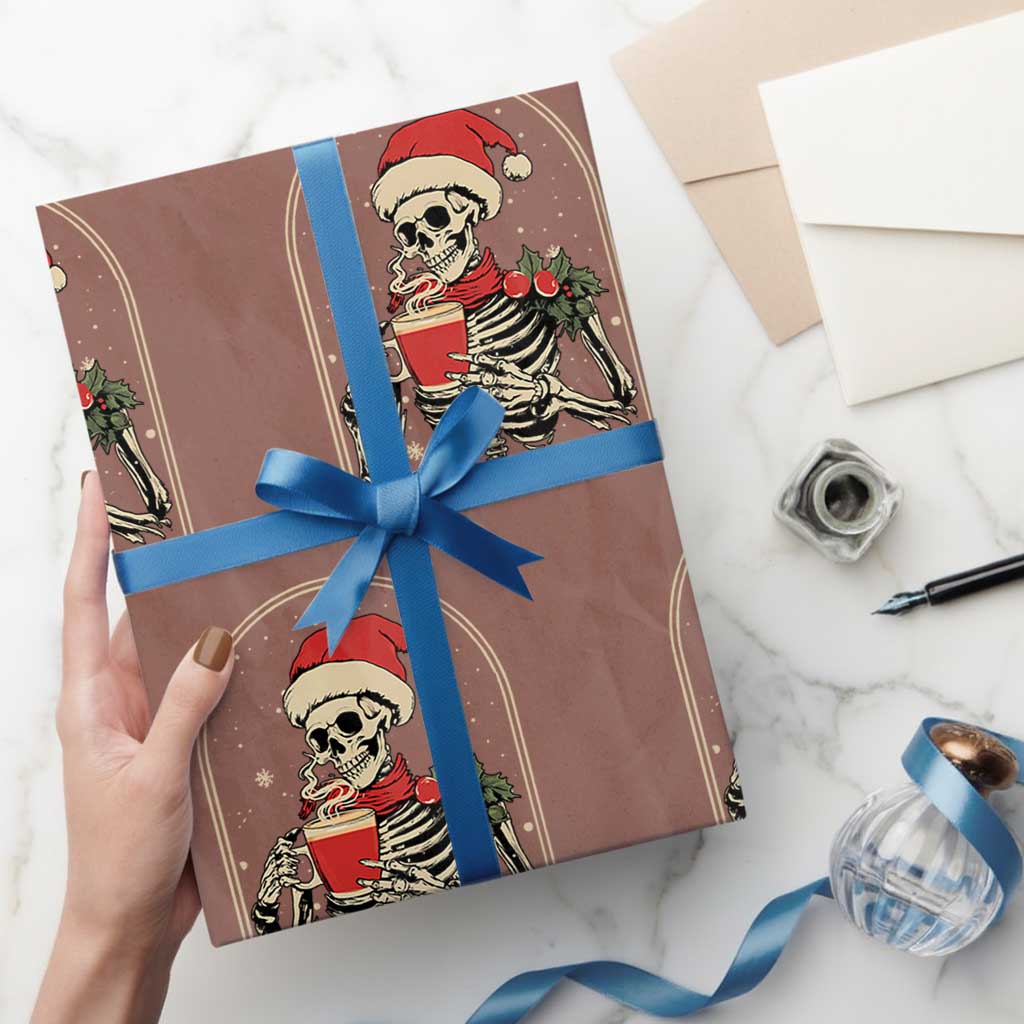 Skeleton Christmas Wrapping Paper Roll Dead Inside But Caffeinated Coffee Addict Xmas Vibe TS02 Mocha Print Your Wear