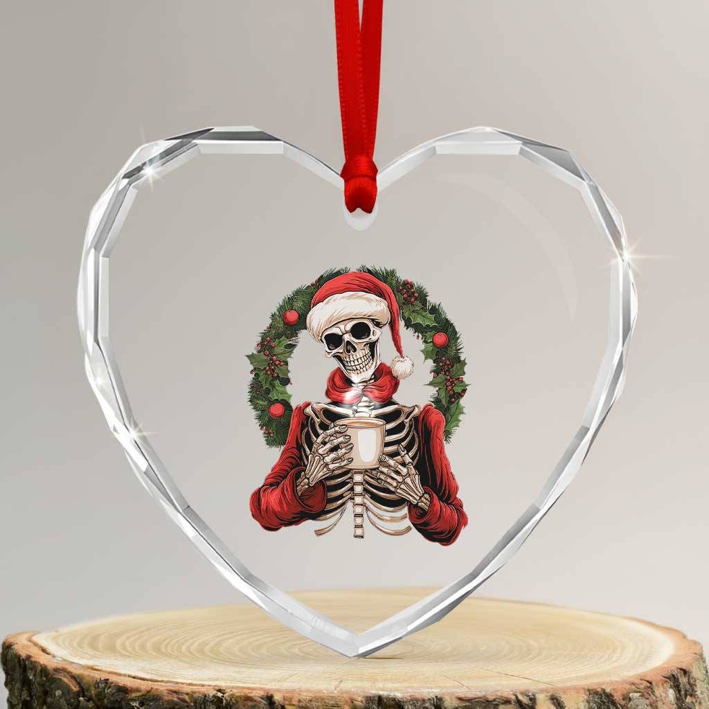 Skeleton Christmas Heart Crystal Glass Ornament Dead Inside But Caffeinated Coffee Lover Xmas Vibe TS02 Transparent Glass 3'' Heart Print Your Wear