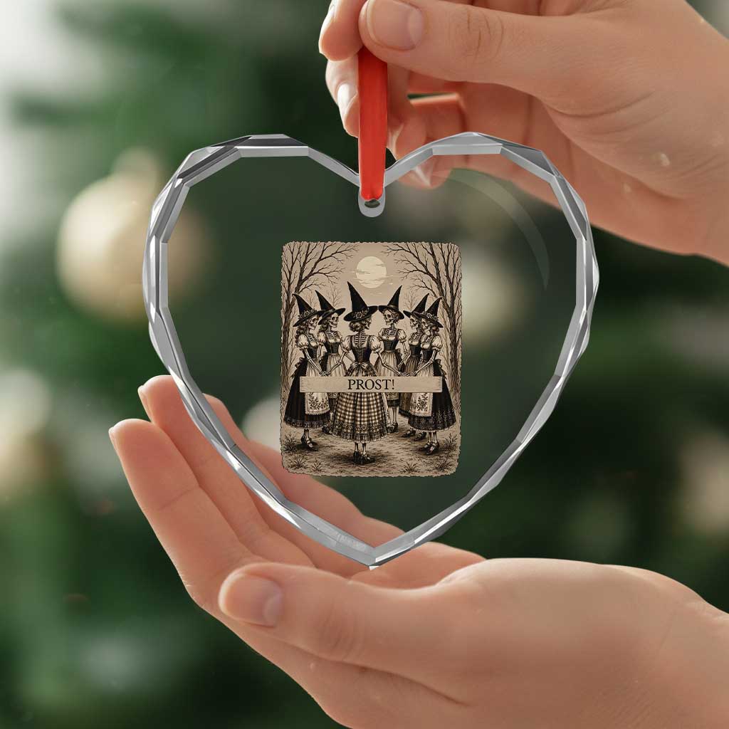 Skeleton Witches Coven Oktoberfest Heart Crystal Glass Ornament German Dirndl Spooky Beer Festival Gift